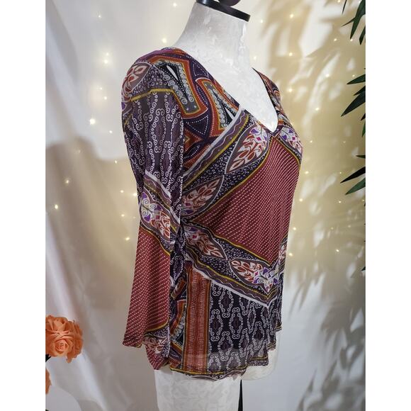 Lynn Ritchie 100% Silk Mesh Artsy Boho Print 3/4 Sleeve N-Neck Top Womens Size M - Picture 3 of 10